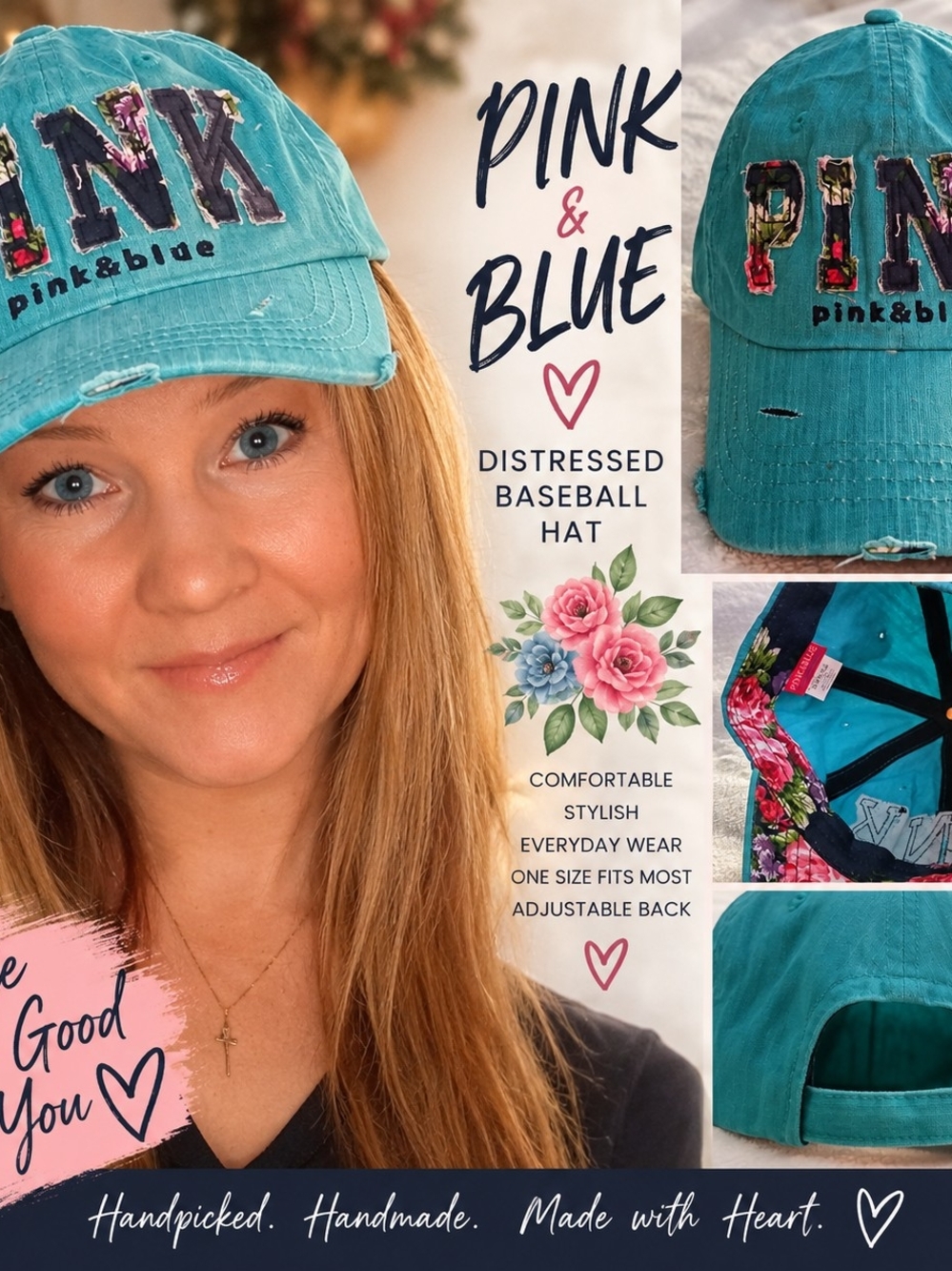 NWOT- Pink & Blue Distressed Baseball Cap